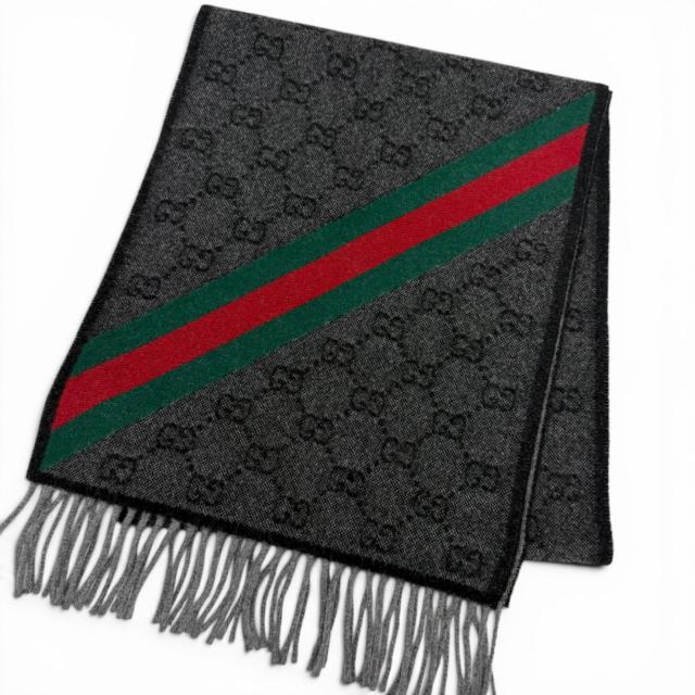 美品□GUCCI グッチ 570603 ウール GGロゴ総柄 ウェブストライプ フリンジマフラー ショール グレー 37×190cm イタリア製 正規品 メンズ