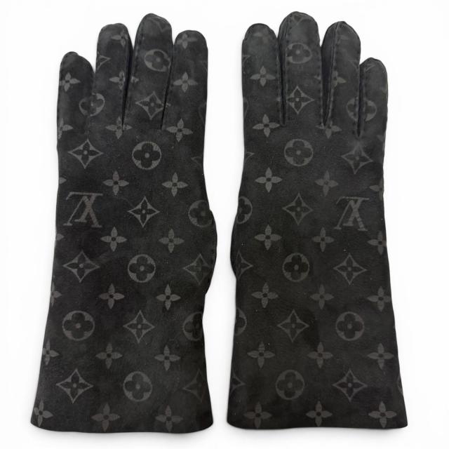 美品□LOUIS VUITTON ルイヴィトン M71848 ゴン・シャーリング ダーリン 羊革 モノグラム ムートン 手袋 ブラック 8 伊製 レディース_1