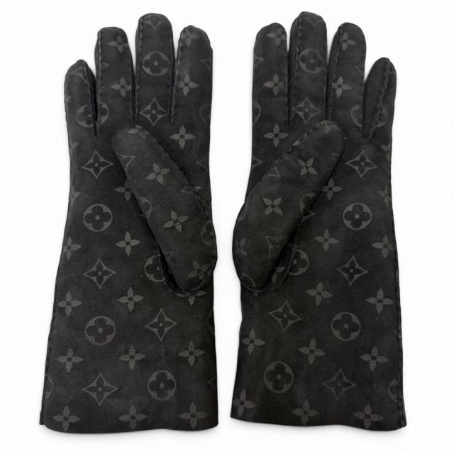 美品□LOUIS VUITTON ルイヴィトン M71848 ゴン・シャーリング ダーリン 羊革 モノグラム ムートン 手袋 ブラック 8 伊製 レディース_2