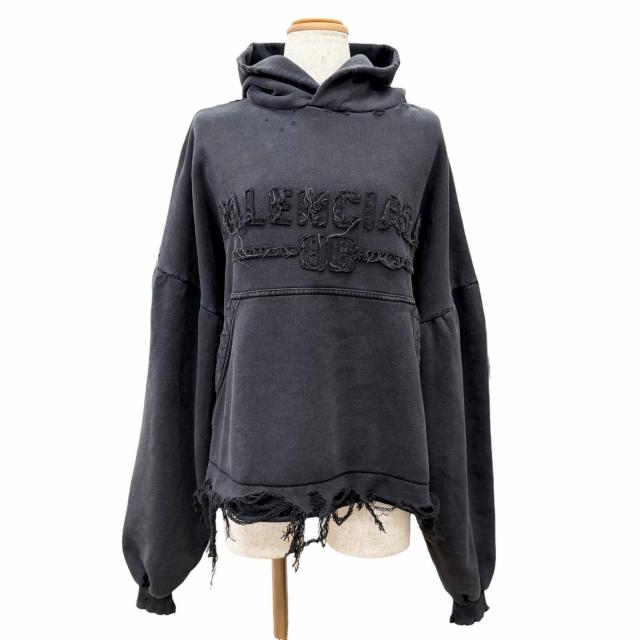 未使用品△BALENCIAGA バレンシアガ 783397 コットン100% ダメージ加工 クロップド フーディー プルオーバー パーカー ブラック 1 正規品