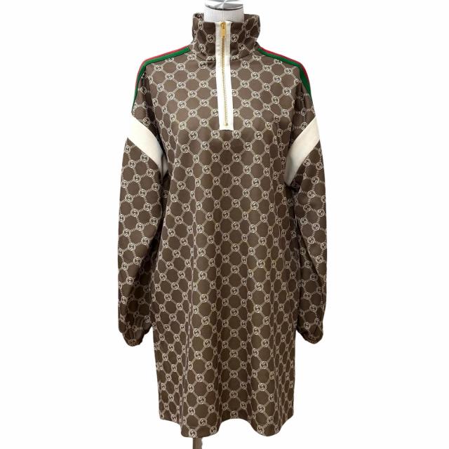 未使用品★GUCCI グッチ 2022年製 678689 インターロッキングG 総柄 ウェブライン ワンピース ブラウン S イタリア製 正規品 レディース