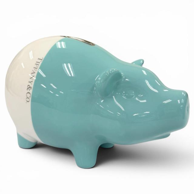 未使用品☆TIFFANY&amp;Co. ティファニー ピギーバンク 陶器 ロゴ入り 貯金箱 インテリア ブルー ホワイト イタリア製 レディース 箱付き
