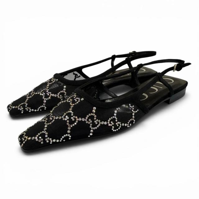 未使用品☆GUCCI グッチ 771662 GGクリスタル スリングバック フラット パンプス ブラック 35.5 イタリア製 レディース 箱・保存袋付き