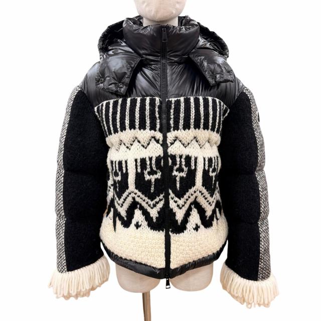 極美品◇MONCLER モンクレール 21-22AW HYOSERIS アルパカ混 ロゴワッペン 袖フリンジ ニット ダウンジャケット 0 正規品 レディース