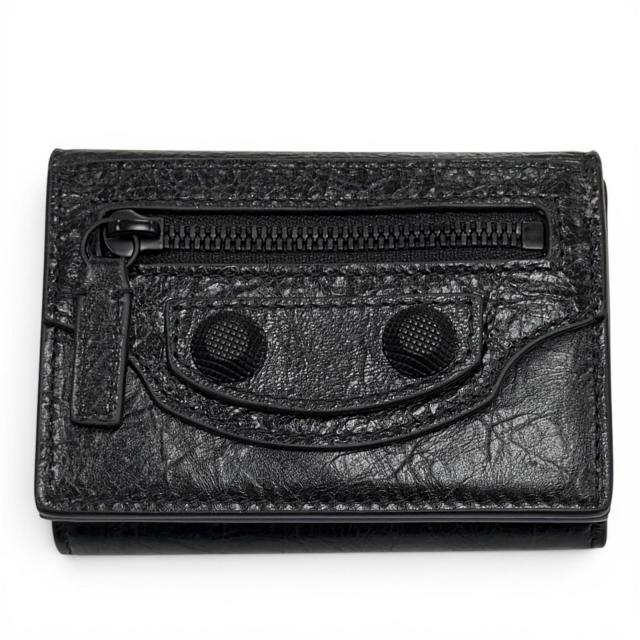 極美品★BALENCIAGA バレンシアガ 768480 LE CAGOLE ロゴ入り レザー ミニウォレット 三つ折り財布 ブラック イタリア製 箱・保存袋付き