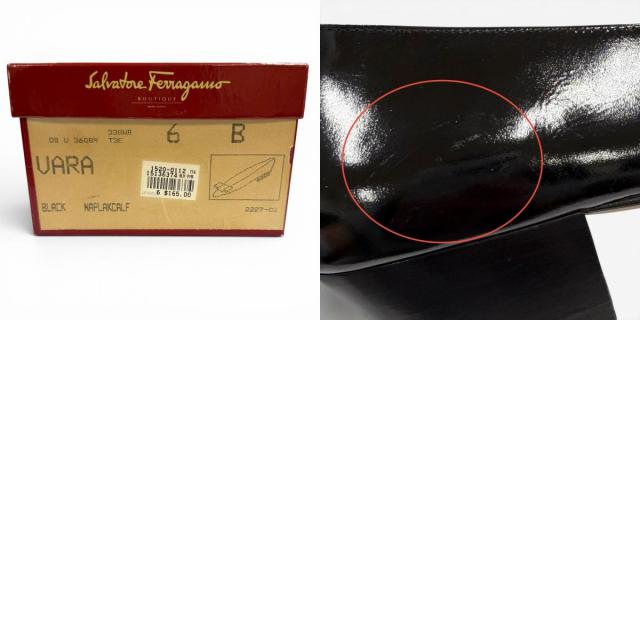未使用品★Salvatore Ferragamo サルヴァトーレフェラガモ ヴァラ ロゴ金具 リボン付 レザー パンプス ブラック 6 イタリア製 箱付き_9