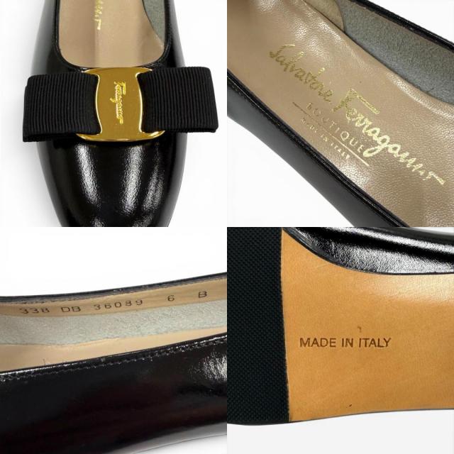 未使用品★Salvatore Ferragamo サルヴァトーレフェラガモ ヴァラ ロゴ金具 リボン付 レザー パンプス ブラック 6 イタリア製 箱付き_8
