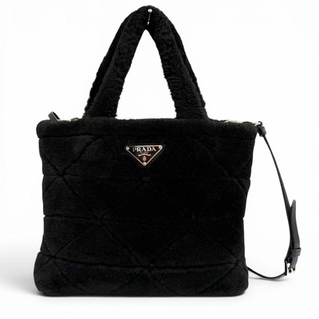 極美品★PRADA プラダ 1BG378 ポーチ付 トライアングルロゴ 2WAY ムートン ファー バッグ ショルダーバッグ ブラック 保存袋付き
