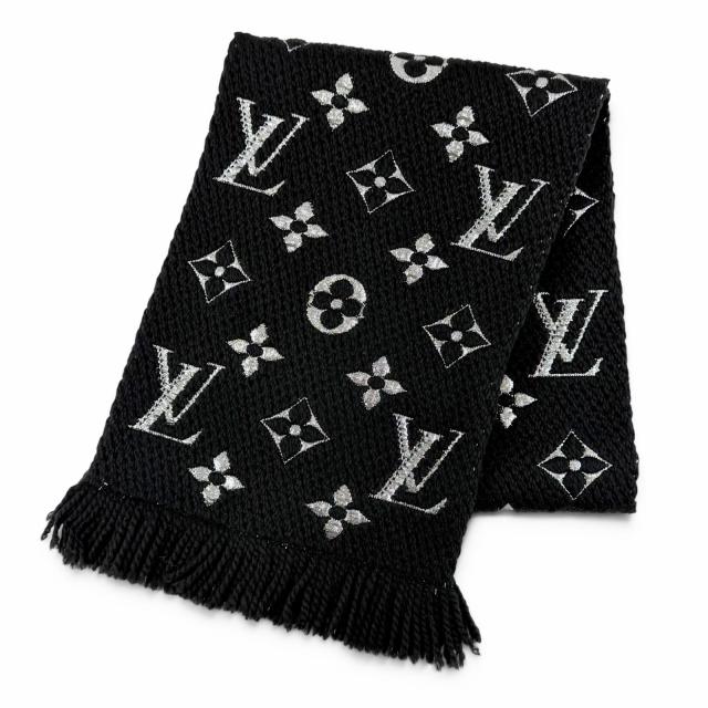 美品△LOUIS VUITTON ルイヴィトン M75833 エシャルプ ロゴマニア シャイン ウール シルク マフラー ブラック イタリア製 正規品 箱付き