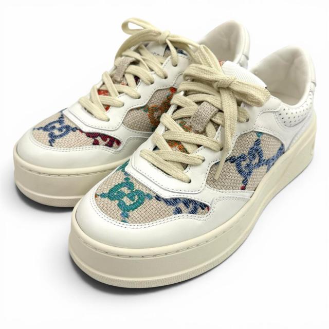 極美品★GUCCI グッチ 670408 ロゴデザイン 柄GG レースアップ レザー スニーカー マルチ 35 イタリア製 レディース 箱・保存袋付き