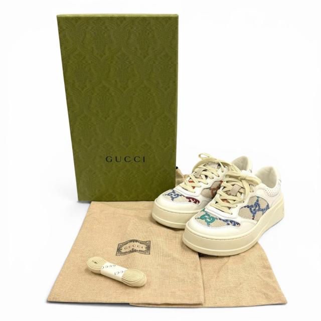 極美品★GUCCI グッチ 670408 ロゴデザイン 柄GG レースアップ レザー スニーカー マルチ 35 イタリア製 レディース 箱・保存袋付き_1