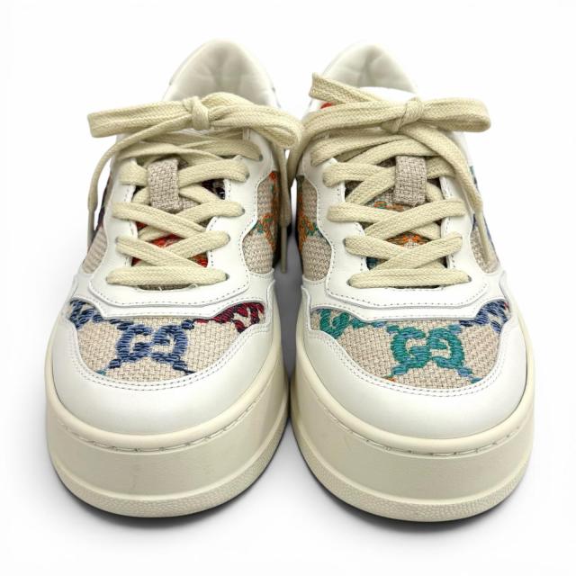 極美品★GUCCI グッチ 670408 ロゴデザイン 柄GG レースアップ レザー スニーカー マルチ 35 イタリア製 レディース 箱・保存袋付き_3