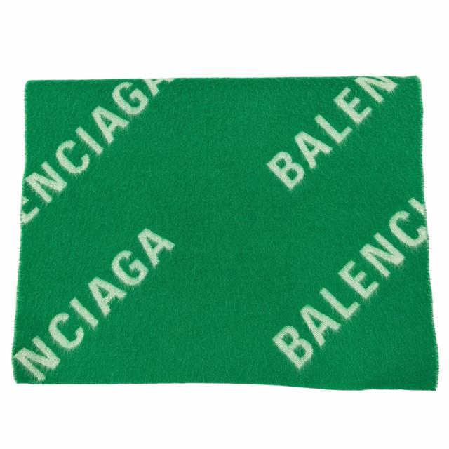 極美品▼BALENCIAGA バレンシアガ 685514 ウール100% オールオーバー ロゴ柄 大判ストール マフラー グリーン イタリア製 正規品 メンズ