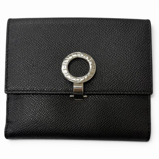 美品□BVLGARI ブルガリ レザー ブルガリブルガリ ロゴクリップ コンパクトウォレット 二つ折り財布 ブラック シルバー メンズ 箱付き