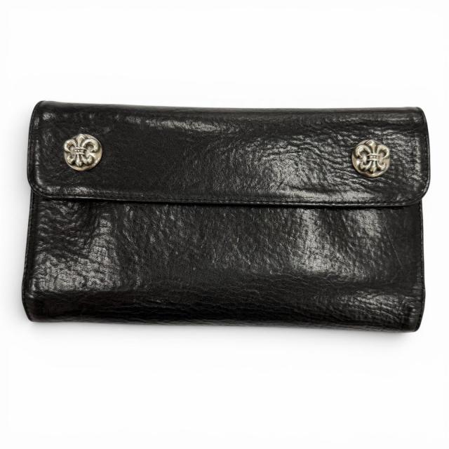美品▼CHROME HEARTS クロムハーツ WAVE BS FLUER レザー BSフレアボタン ダガージップ ウェーブ レザーウォレット 三つ折り長財布