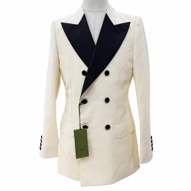 未使用品▼GUCCI グッチ 721467 ウール モヘア バイカラー ダブルブレスト テーラードジャケット アイボリー ブラック 46 正規品 メンズ