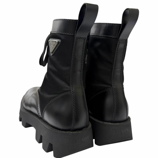 美品□PRADA プラダ 2UE006 レザー ナイロン トライアングルロゴ 三角プレート コンバットブーツ アンクルブーツ ブラック 6 イタリア製_4