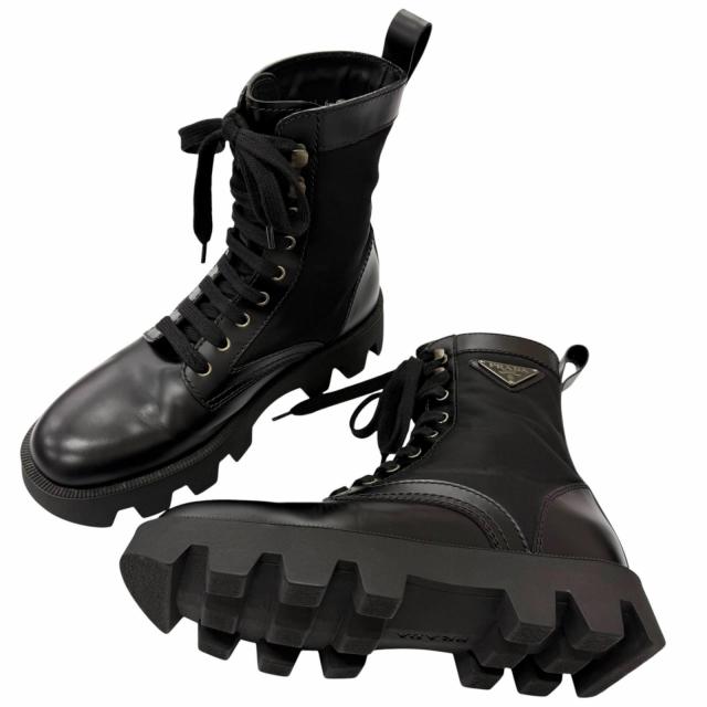 美品□PRADA プラダ 2UE006 レザー ナイロン トライアングルロゴ 三角プレート コンバットブーツ アンクルブーツ ブラック 6 イタリア製_2