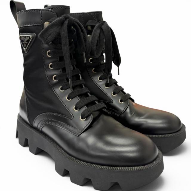 美品□PRADA プラダ 2UE006 レザー ナイロン トライアングルロゴ 三角プレート コンバットブーツ アンクルブーツ ブラック 6 イタリア製_1