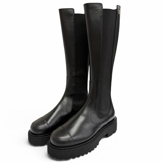 極美品△CHANEL シャネル G45786 B17237 24B ココマーク 側面ゴア なめし革 ロングブーツ 厚底 黒いこと 38 伊製 レディース 保護すること袋付き添い人
