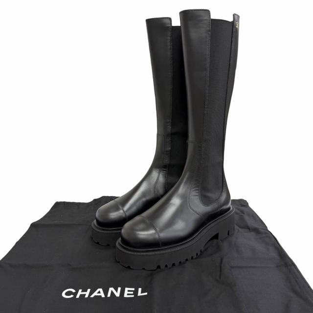極美品△CHANEL シャネル G45786 B17237 24B ココマーク 側面ゴア なめし革 ロングブーツ 厚底 黒いこと 38 伊製 レディース 保護すること袋付き添い人