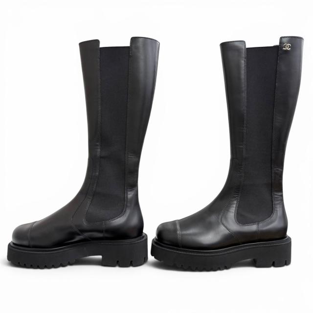 極美品△CHANEL シャネル G45786 B17237 24B ココマーク 側面ゴア なめし革 ロングブーツ 厚底 黒いこと 38 伊製 レディース 保護すること袋付き添い人