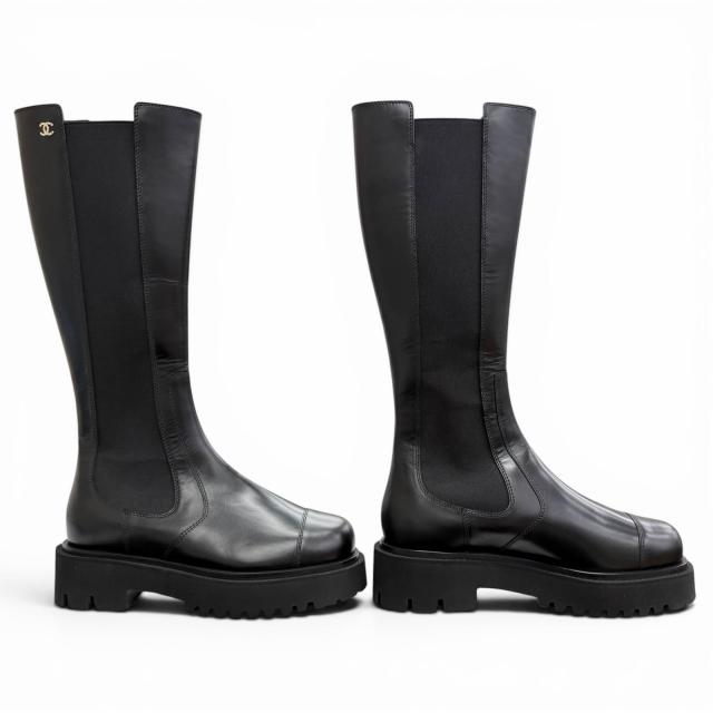 極美品△CHANEL シャネル G45786 B17237 24B ココマーク 側面ゴア なめし革 ロングブーツ 厚底 黒いこと 38 伊製 レディース 保護すること袋付き添い人