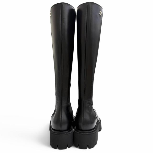 極美品△CHANEL シャネル G45786 B17237 24B ココマーク 側面ゴア なめし革 ロングブーツ 厚底 黒いこと 38 伊製 レディース 保護すること袋付き添い人