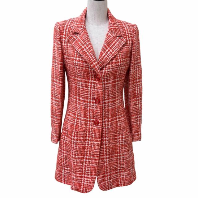 極美品★CHANEL シャネル ヴィンテージ 97P P07620 ウール モヘア混 ココマークボタン ツイードコート レッド系 ホワイト 36 正規品
