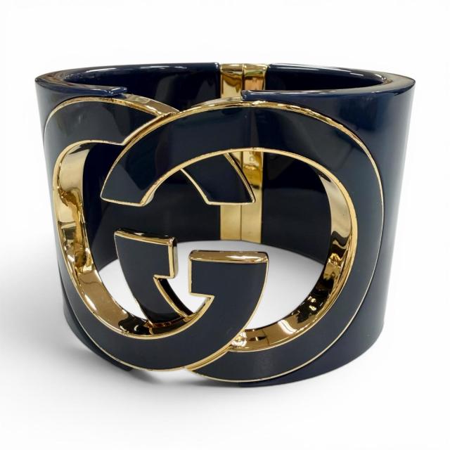 極美品▼GUCCI グッチ インターロッキングG カフブレスレット バングル ネイビー ゴールド金具 L 伊製 メンズ レディース ユニセックス