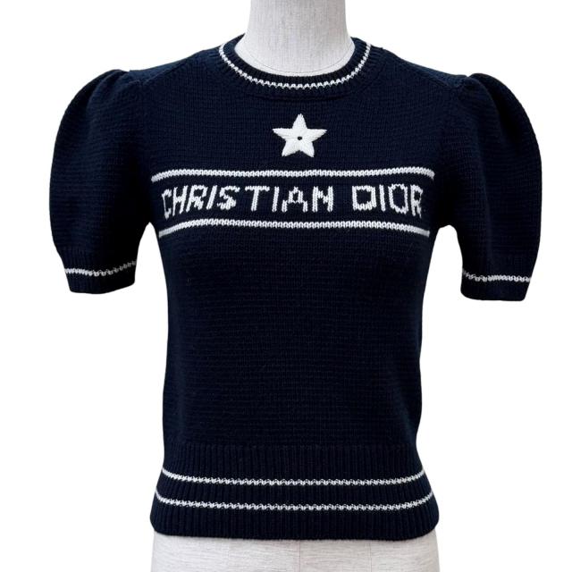 極美品★Christian Dior クリスチャンディオール 224S09AM308 ウール カシミヤ混 ロゴデザイン クルーネック 半袖ニット 紺 38 正規品