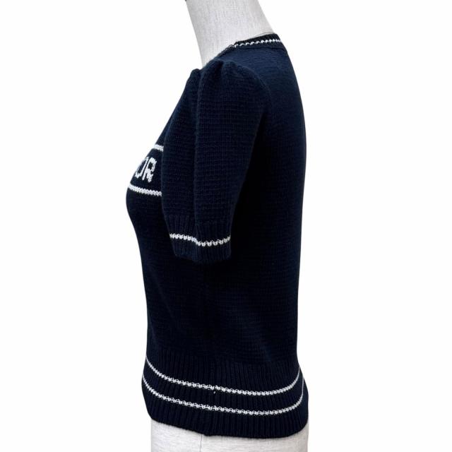 極美品★Christian Dior クリスチャンディオール 224S09AM308 ウール カシミヤ混 ロゴデザイン クルーネック 半袖ニット 紺 38 正規品_1