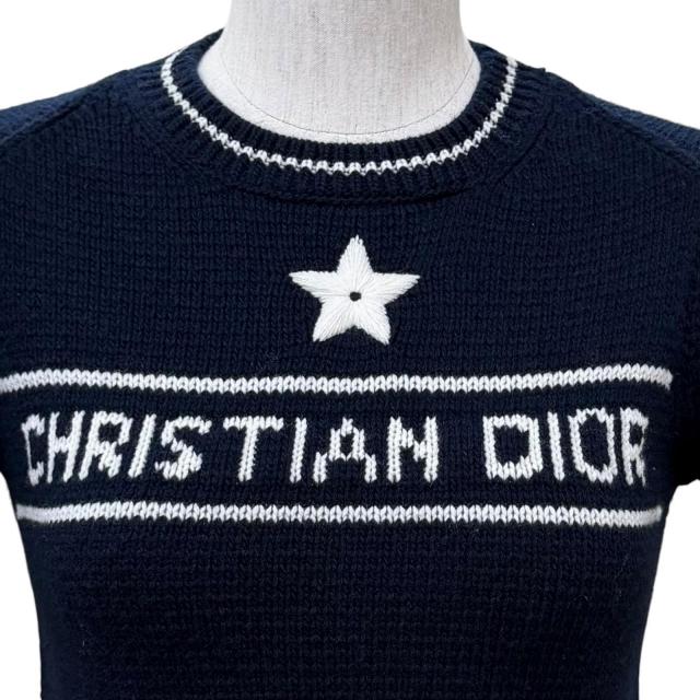 極美品★Christian Dior クリスチャンディオール 224S09AM308 ウール カシミヤ混 ロゴデザイン クルーネック 半袖ニット 紺 38 正規品_3
