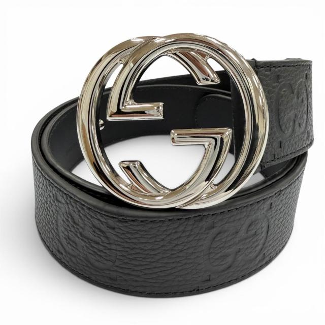 美品▼GUCCI グッチ 794196 なめし革 GG柄 インターロッキングG ピンバックル 広広とした胴締め 黒いこと しろがね色金具 90/36 メンズ 箱付き添い人