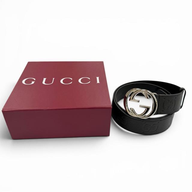 美品▼GUCCI グッチ 794196 なめし革 GG柄 インターロッキングG ピンバックル 広広とした胴締め 黒いこと しろがね色金具 90/36 メンズ 箱付き添い人
