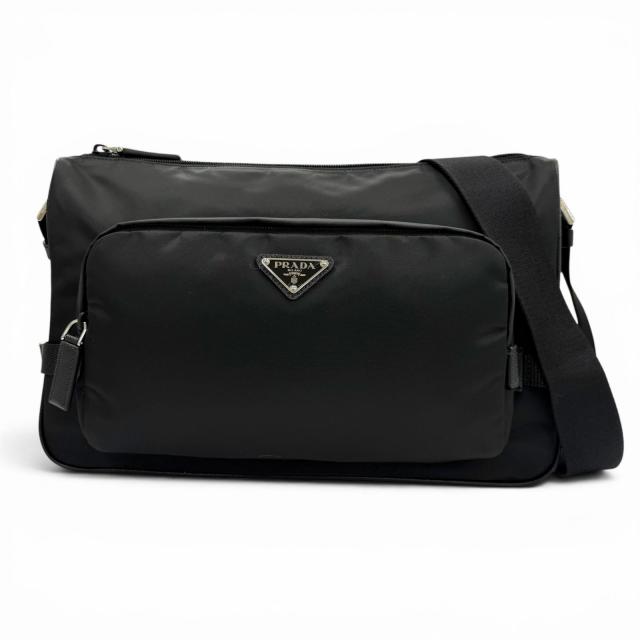 極美品▼PRADA プラダ 2VH191 ナイロン レザー トライアングルロゴ 三角プレート Re-Nylon ショルダーバッグ ブラック イタリア製 メンズ