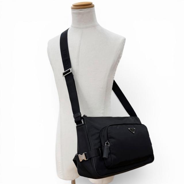 極美品▼PRADA プラダ 2VH191 ナイロン レザー トライアングルロゴ 三角プレート Re-Nylon ショルダーバッグ ブラック イタリア製 メンズ_1