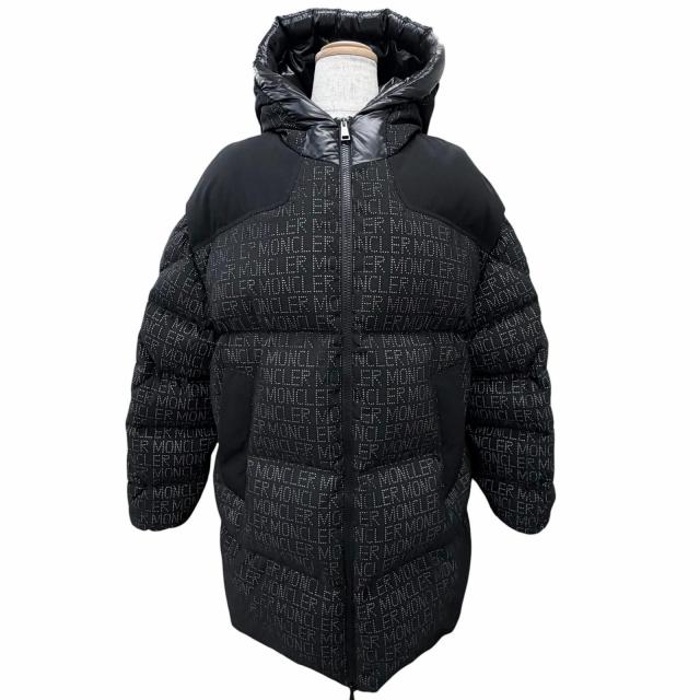 美品△MONCLER モンクレール 22-23AW GRANDVAL レタリングロゴ 総柄 ロゴワッペン フード付き ダウンジャケット ブラック 1 伊製 正規品