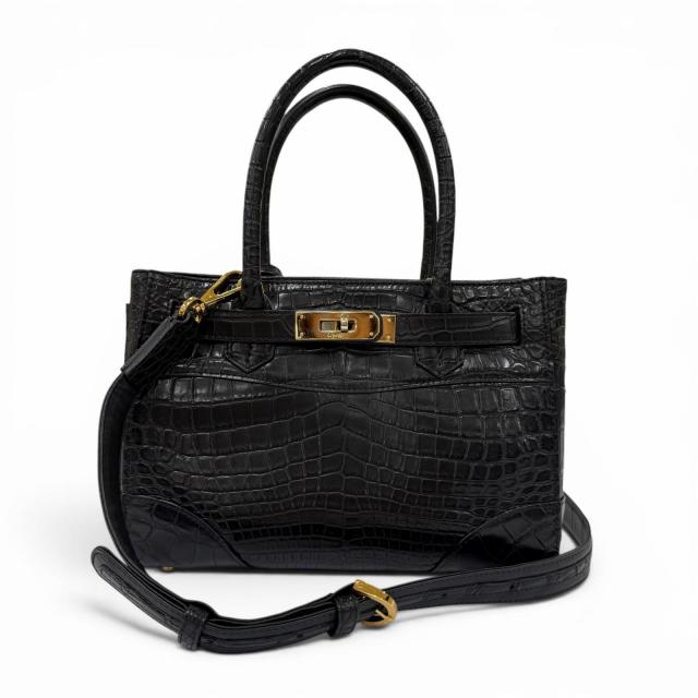 美品☆LEATHER JEWELS レザージュエルズ クロコダイル JRAタグ付 2WAY ショルダーバッグ ハンドバッグ ブラック レディース 保存袋付き