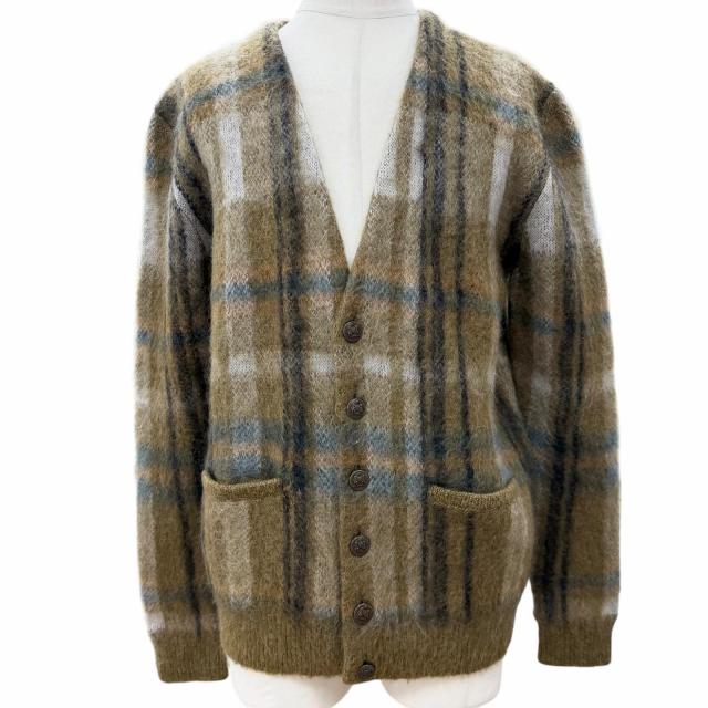 極美品▼CELINE セリーヌ 20AW 2A32J204L ブラッシュドモヘア チェック柄 Vネック ニット カーディガン カーキ S 伊製 正規品 メンズ
