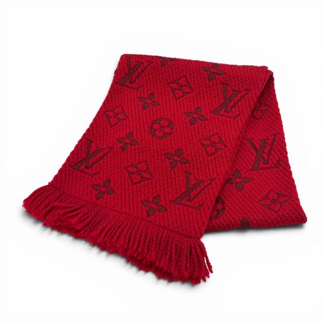 美品★LOUIS VUITTON ルイヴィトン 413287 エシャルプロゴマニア ウール シルク混 ルビー フリンジ付き マフラー イタリア製 レディース