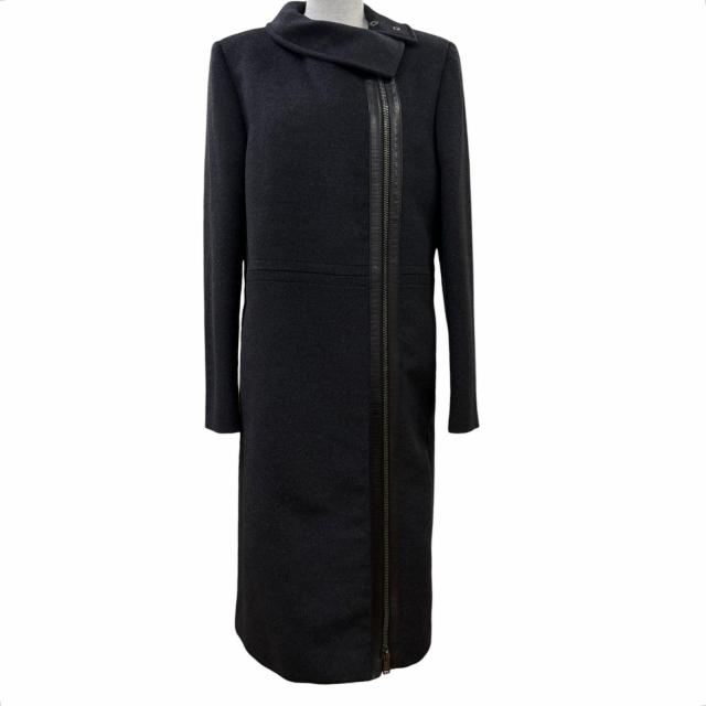 美品☆GUCCI グッチ 657 トムフォード期 レザー使い ZIP UP ロング丈 コート ダークグレー 42 伊製 レディース ガーメント・ハンガー付き