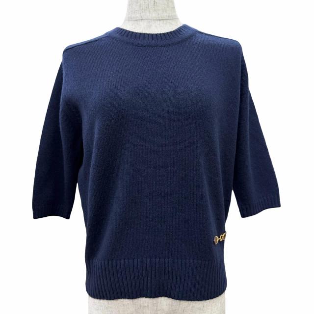 極美品△GUCCI グッチ 22SS 628389 カシミヤ100％ ホースビット付き クルーネック 七分袖 ニット セーター ネイビー S イタリア製 正規品