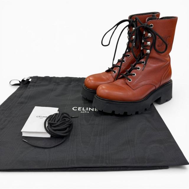 極美品☆CELINE セリーヌ BE0293 トリオンフ レンジャーズ ミッド なめし革 スピード競技脹れ上がる 遊撃手ブーツ 赤銅色 36 レディース 保護すること袋付