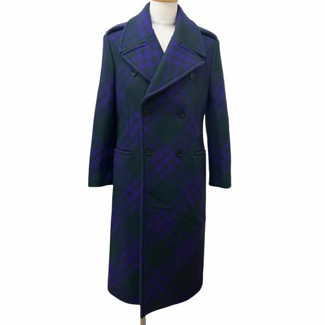 極美品□BURBERRY バーバリー 8076669 チェック柄 ダブルブレスト チェスターコート グリーン パープル 46 イタリア製 正規品 メンズ