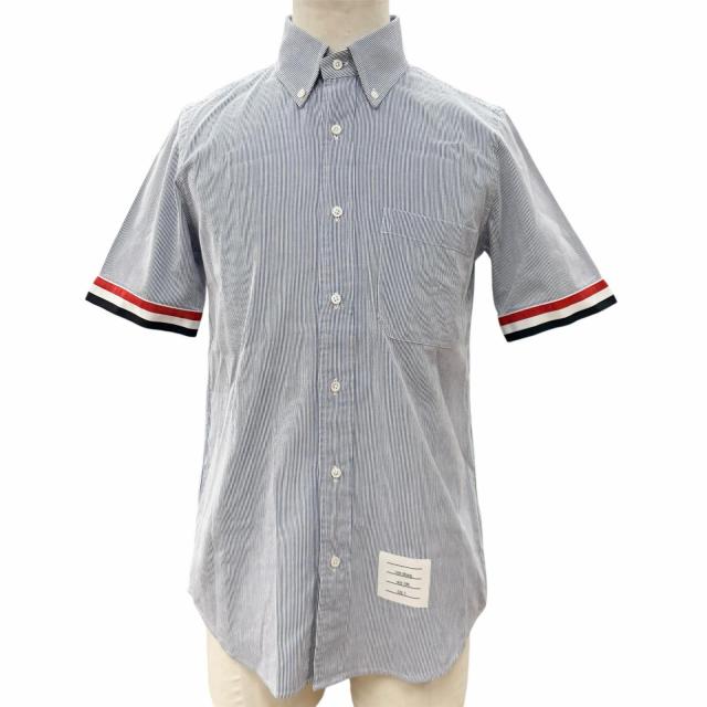 極美品▼THOM BROWNE トムブラウン MWS252A-06272-415 SHORT-SLEEVED SHIRTS コットン ストライプ柄 ボタンダウン 半袖シャツ 0 正規品