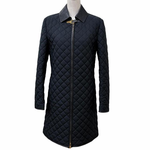 美品★Salvatore Ferragamo サルヴァトーレフェラガモ ガンチーニ金具 レザー使い キルティング コート ブラック 42 伊製 正規品