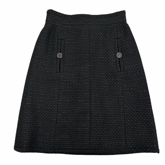 美品☆CHANEL シャネル P53154V39572 コットン ココボタン ツイード 膝丈 スカート ブラック 38 フランス製 正規品 レディース