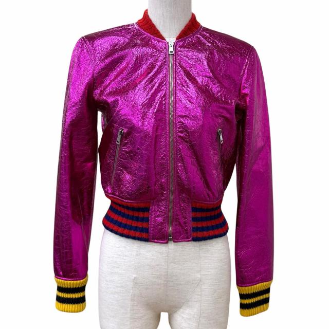 極美品★GUCCI グッチ 481483 ロゴZIP メタリック ラムレザー ボンバージャケット ピンク 36 イタリア製 正規品 レディース ハンガー付