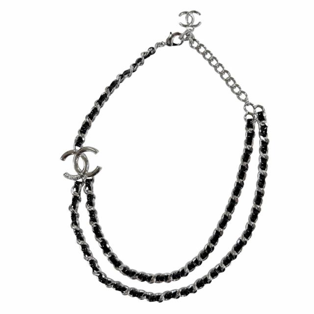 極美品☆CHANEL シャネル B25P ココマーク レザー チェーン ネックレス チョーカー アクセサリー シルバー ブラック 伊製 レディース